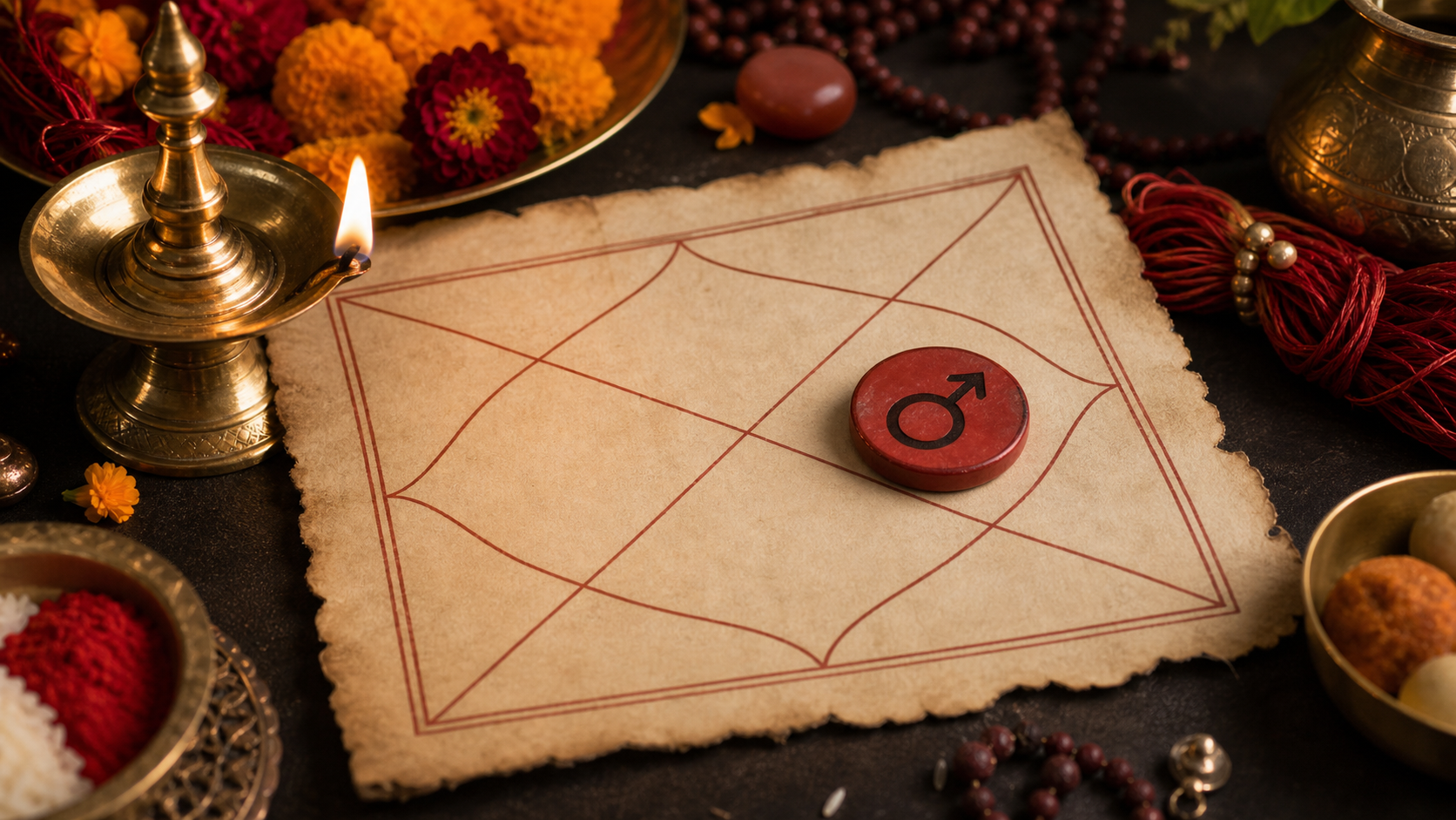 Vedic birth chart with a red Mars token and brass lamp for Manglik Dosha guidance