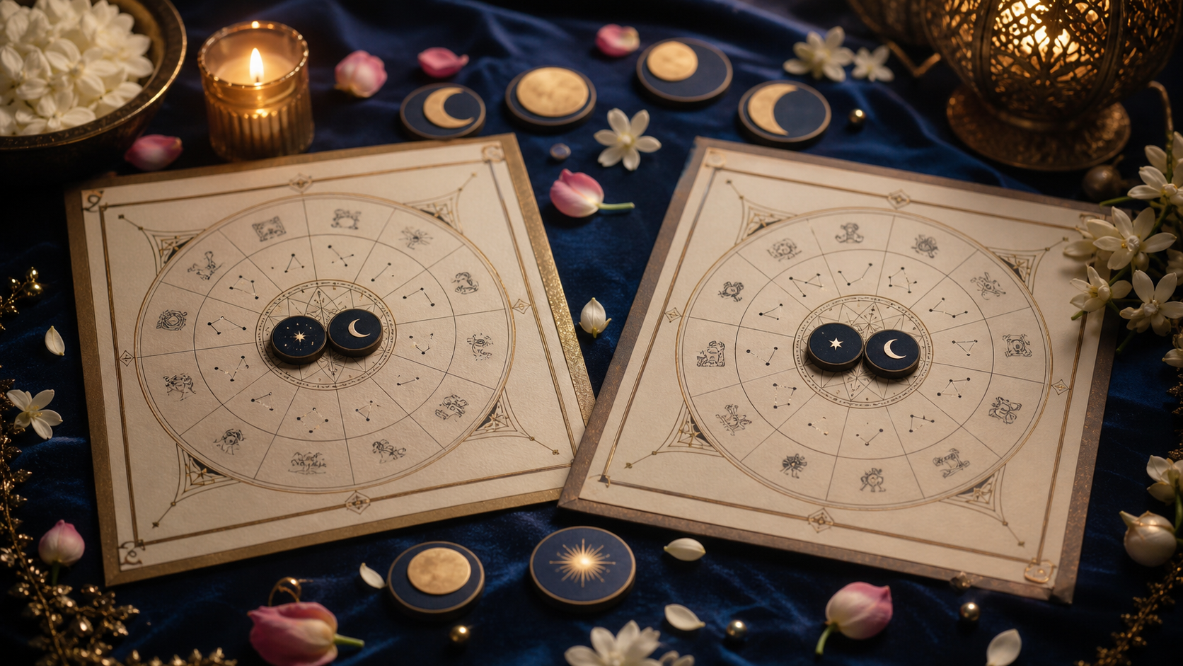 Two Vedic charts and moon phase tokens for nakshatra compatibility matching