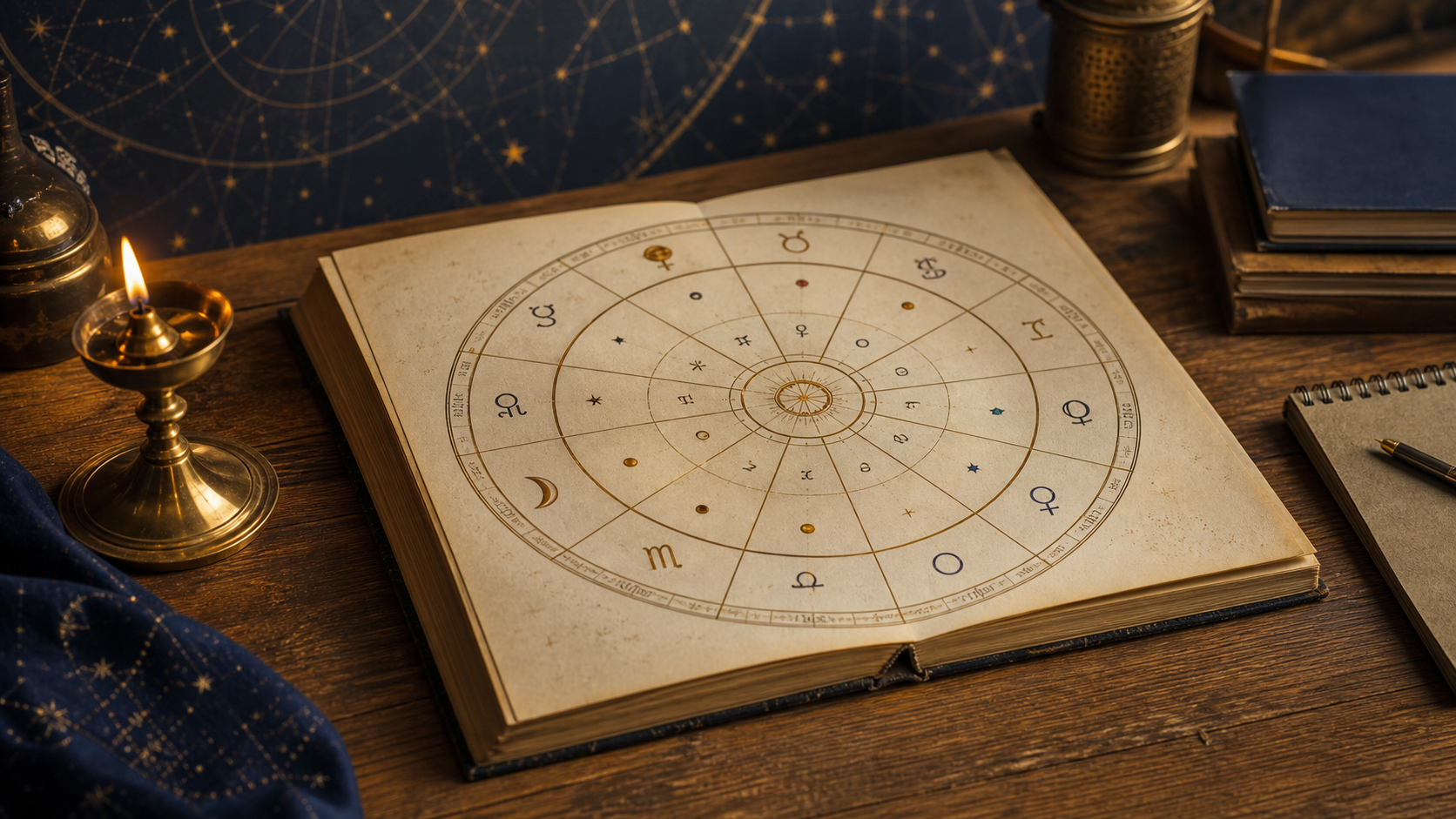 Vedic birth chart, brass lamp, and notebook for a beginner guide to Jyotish