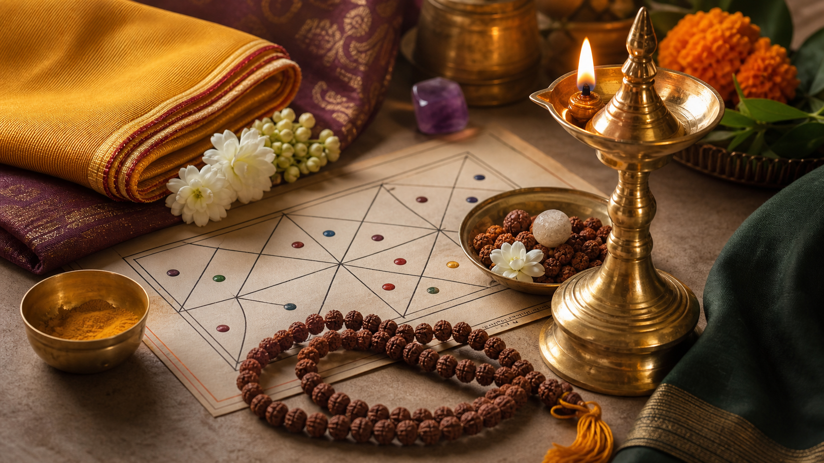 Brass lamp, beads, offering bowl, and Vedic chart for planetary remedies